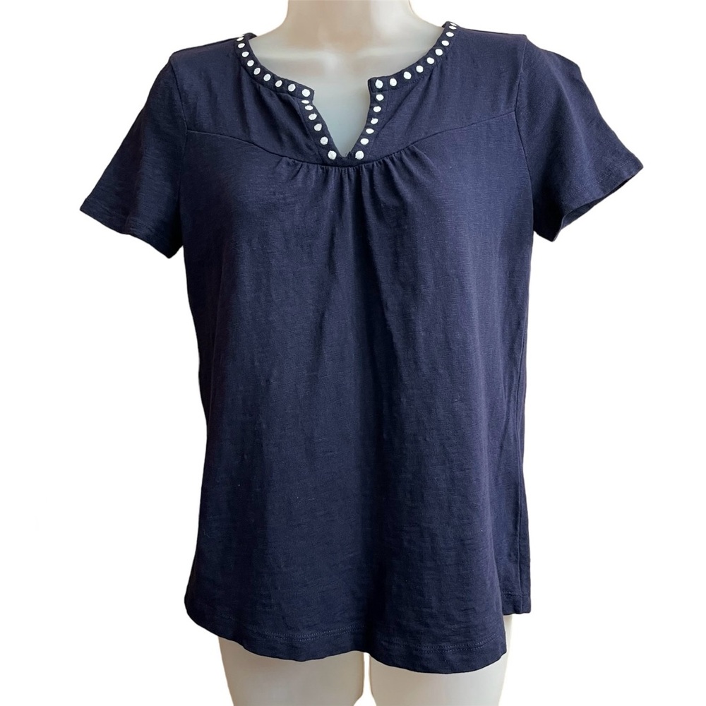 Talbots Navy Blue Split V-neck Short Sleeve Women's 100% Cotton Top Size XS